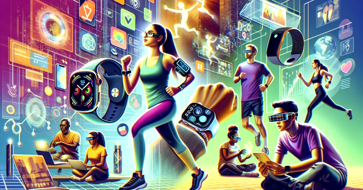An image of wearable technology in daily life, including smartwatches and fitness trackers used in various scenarios.