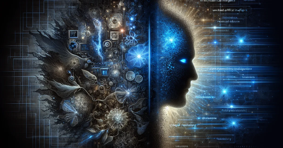 Eine bildliche Darstellung der Herausforderungen der KI-Entwicklung, die die Dualität von Innovation und Risiko verdeutlicht.