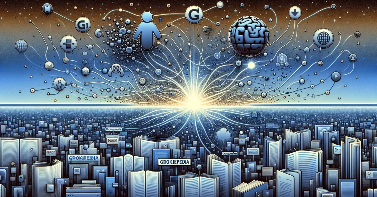 Illustration zeigt den Einfluss von Grokipedia auf KI-Chatbots, mit abstrakten Formen, die verschiedene KI-Tools darstellen, die mit Grokipedia verbunden sind.