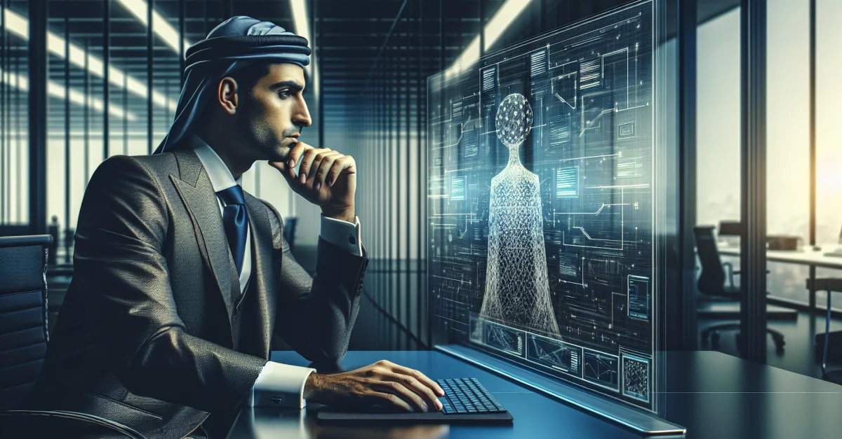 A concerned business executive in a modern office reflecting on the challenges of AI technology, particularly in document archiving.