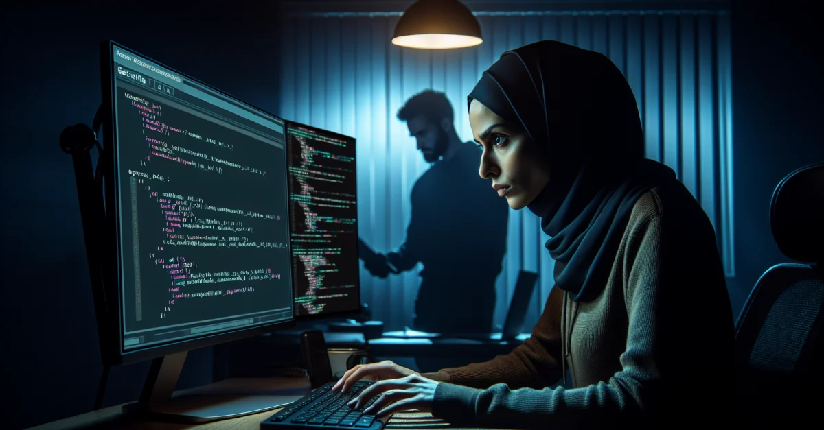 A cybersecurity expert analyzes critical security flaws in a dimly lit room, reflecting the urgency of the situation.