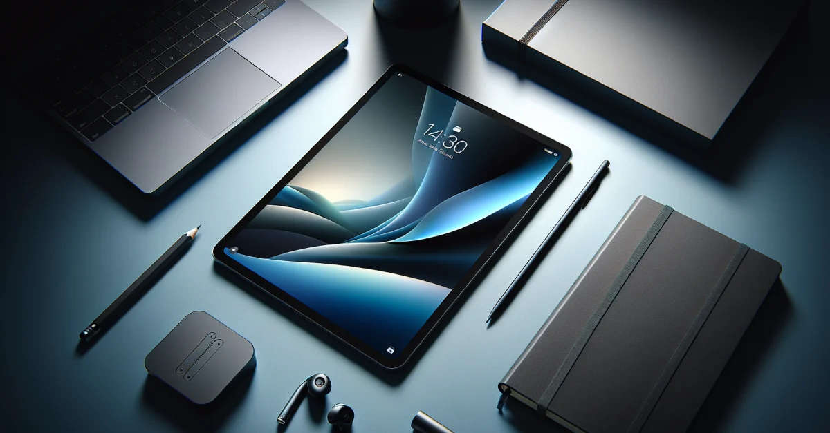 Ein iPad Mini auf einem minimalistischen Schreibtisch, umgeben von modernen Tech-Zubehörteilen, das die Produktivität und Konnektivität symbolisiert.