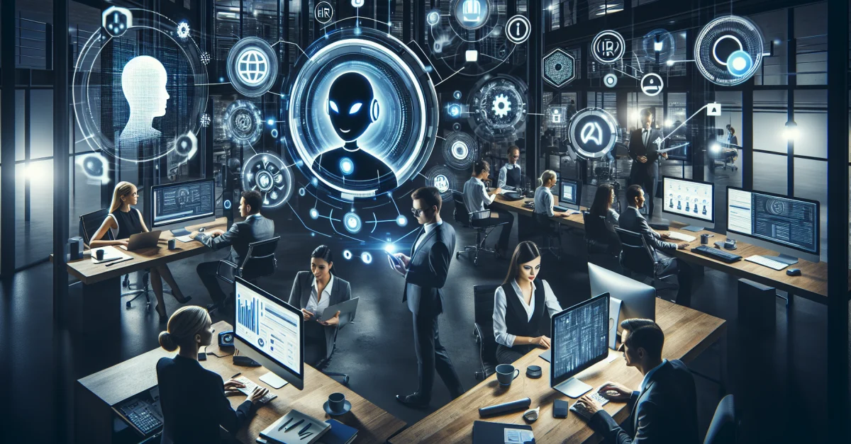 Professionals nutzen Amazon Alexa Plus in einem modernen Büro, um ihre Produktivität zu steigern und innovative Lösungen zu finden.