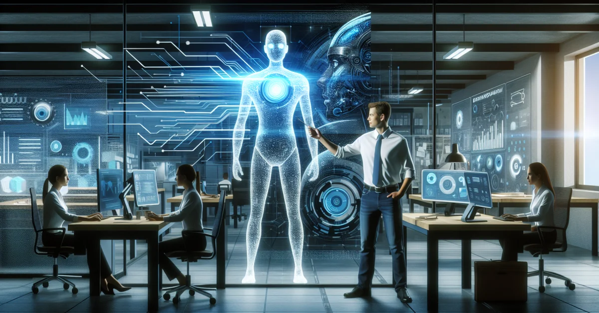 An AI agent interacts with a human worker in a modern office, illustrating the collaboration between technology and human effort.