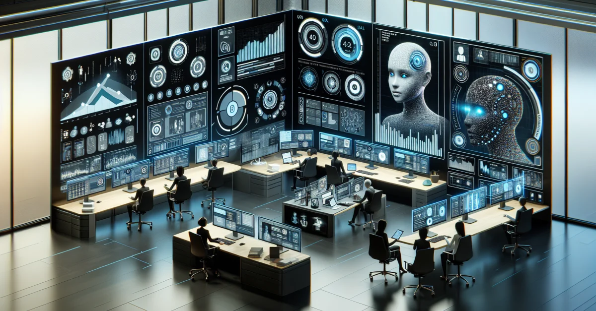 Futuristic digital workspace showcasing AI agent management with modern interfaces and virtual dashboards, representing innovation and efficiency.