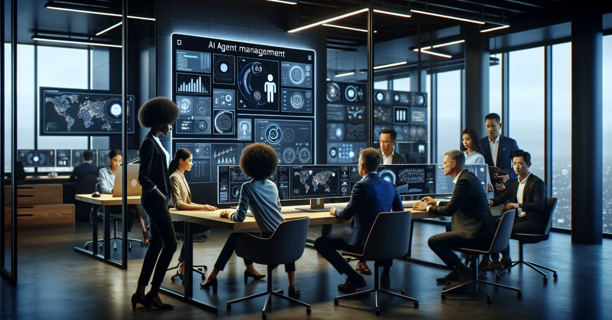 Ein modernes Büro, in dem ein Team an OpenAI's Plattform zur Verwaltung von KI-Agenten arbeitet. Die Atmosphäre ist innovativ und betont die Notwendigkeit neuer Technologien.