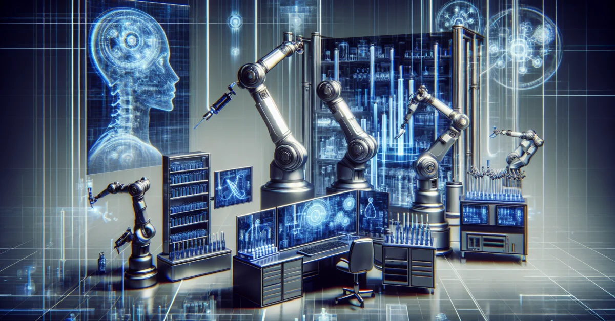 Automated lab featuring advanced technology, showcasing the collaboration between OpenAI and Ginkgo Bioworks for protein synthesis.