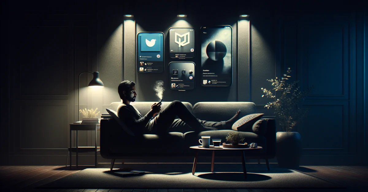 Person using a smartphone with alternative social media apps in a relaxed setting, free from ads and data mining.