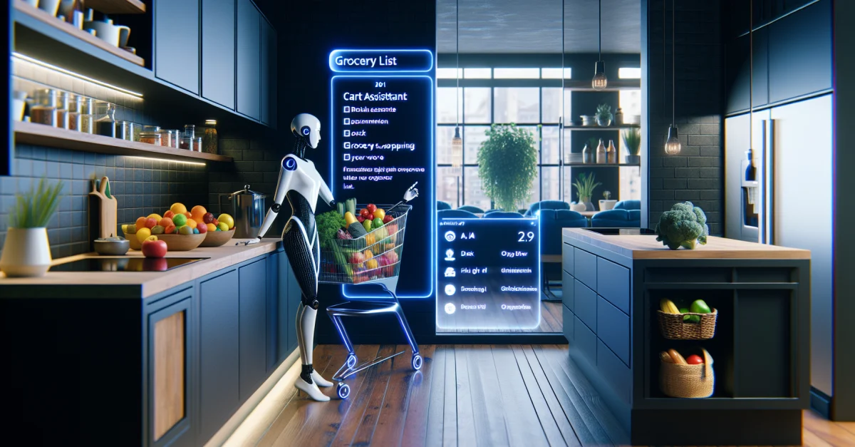 Modern kitchen with a digital interface for grocery lists. Image shows fresh produce and interaction with the AI feature 'Cart Assistant'.