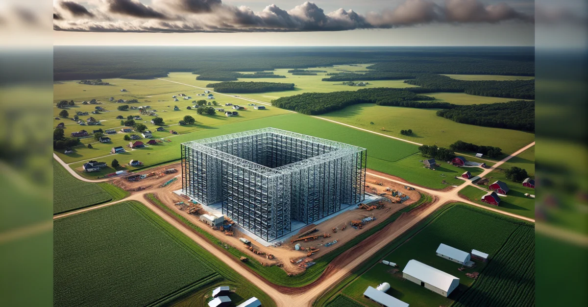 Luftaufnahme eines im Bau befindlichen Rechenzentrums in einer ländlichen Gegend von Nord-Louisiana, umgeben von Feldern und kleinen landwirtschaftlichen Häusern.