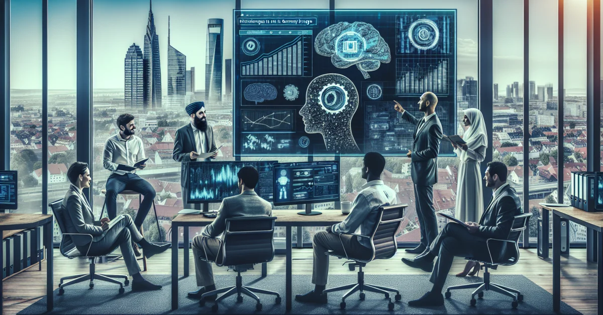 Bild zeigt Forscher im Büro, die über KI-Technologien diskutieren, um Herausforderungen im deutschen KI-Sektor darzustellen.