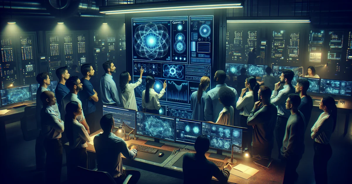 Wissenschaftler im Labor analysieren die Gemini 3 Deep Think-Schnittstelle, die bahnbrechende Fortschritte in Wissenschaft und Technik darstellt.