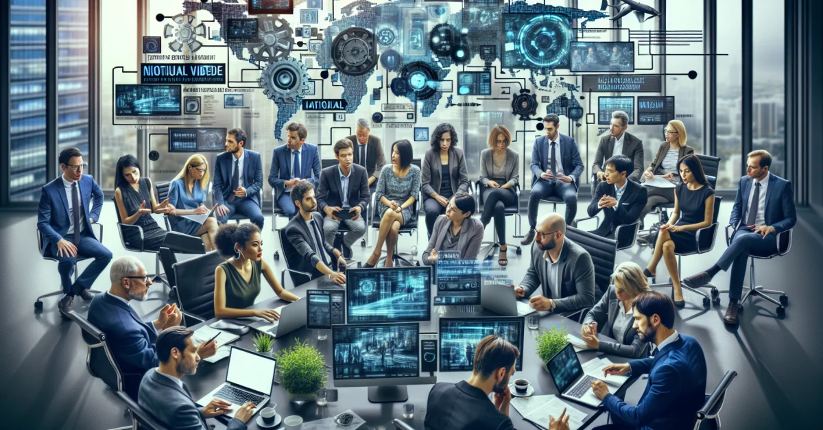 Professionals discuss the impact of ByteDance's Seedance 2.0 on video production in a modern newsroom.