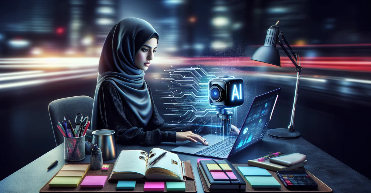 Ein moderner Arbeitsplatz mit einer Person, die konzentriert mit ChatGPT auf einem Laptop arbeitet. Die Umgebung ist minimalistisch und fördert die Produktivität.