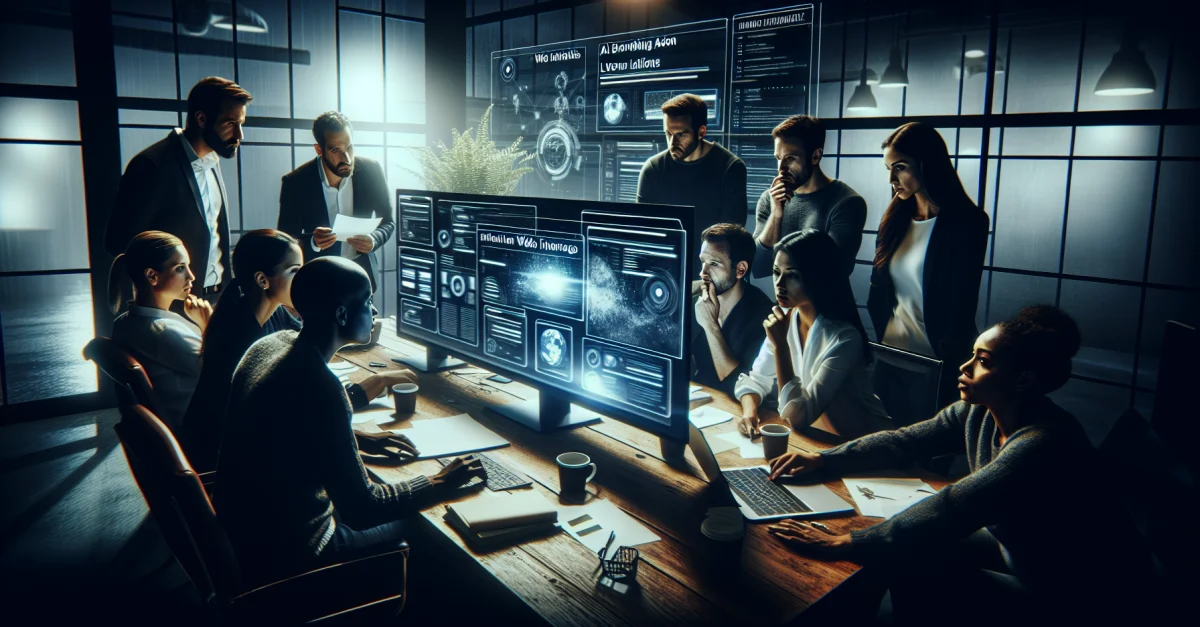 Tech professionals analyze Google's WebMCP in an office. The scene highlights the impact of this technology on AI agents and the future of web interaction.