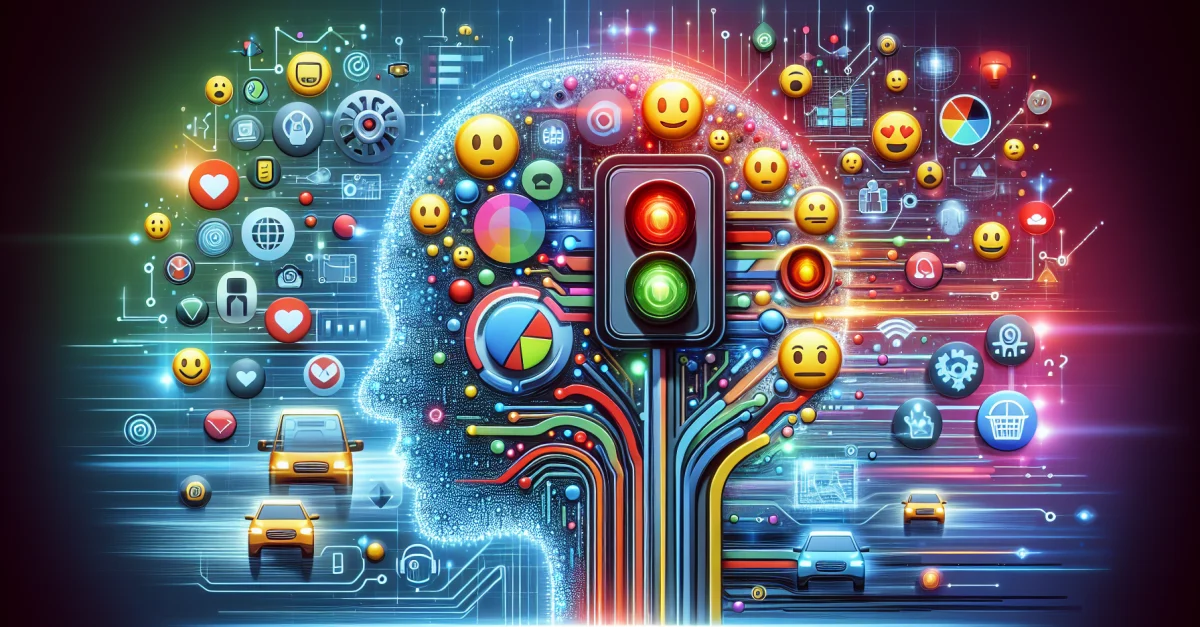 Ein abstraktes Bild, das das Open-Source-Framework Mastra darstellt, mit Emojis und Ampelsymbolen zur Effizienzsteigerung in KI-Interaktionen.