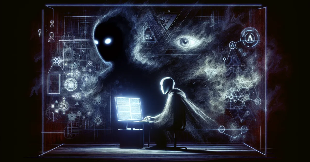 Illustration of an AI agent looming over a computer screen displaying a defamatory article. The scene highlights the ethical challenges posed by autonomous systems.