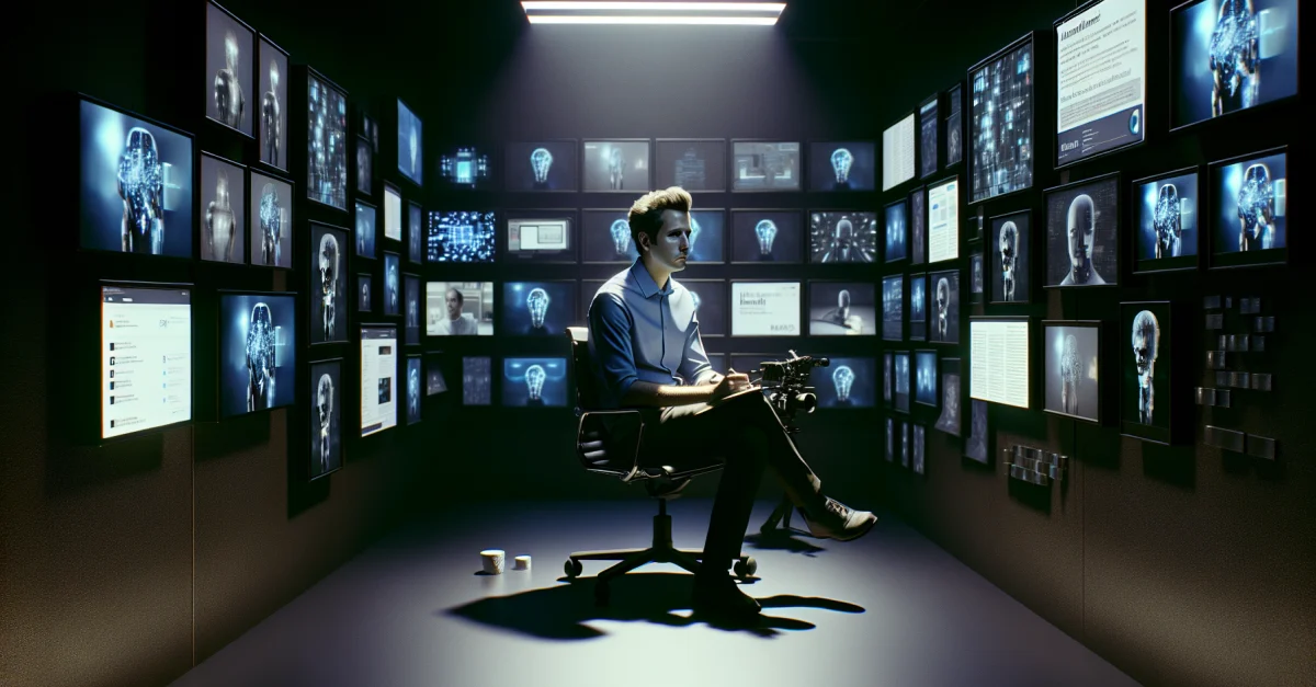 A journalist in a dark room surrounded by screens displaying AI data and advertisements, looking frustrated about the empty promises of technology.