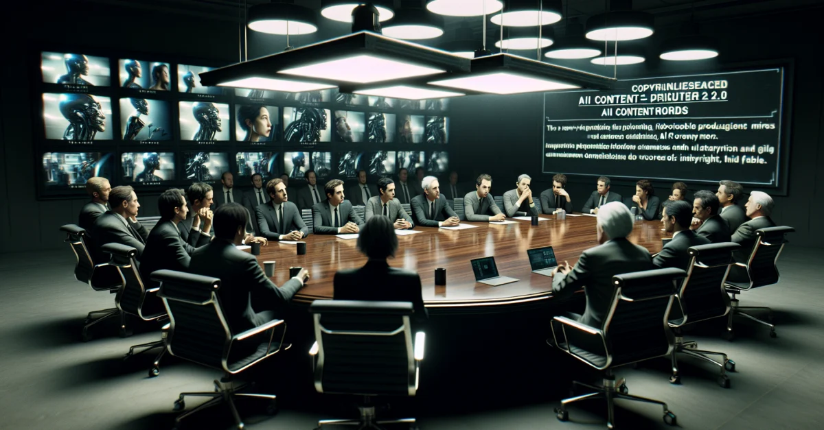 Concerned film studio executives discuss copyright violations caused by ByteDance's AI video generator Seedance 2.0 in a dimly lit office.