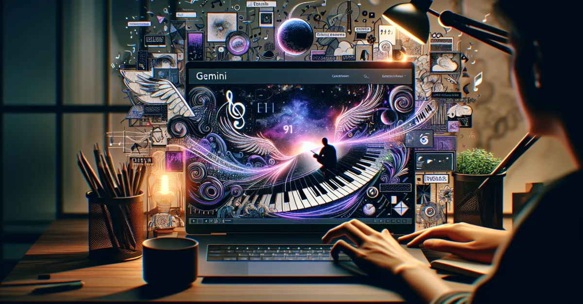 Ein Benutzer nutzt die Gemini-App, um mit Lyria 3 kreative Musik aus Text und Bildern zu erstellen. Inspirierendes digitales Arbeitsumfeld.