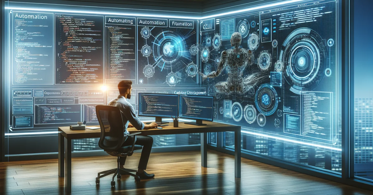 Ein Entwickler nutzt die neuen automatisierten Funktionen von Anthropic's Claude Code in einem modernen Büro. Die Effizienz in der Softwareentwicklung wird hervorgehoben.