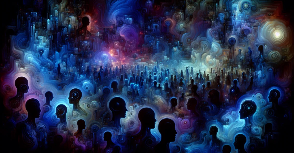 Visualization of AI agents in a digital landscape engaging in trivial discussions, highlighting the illusion of autonomous conversations.