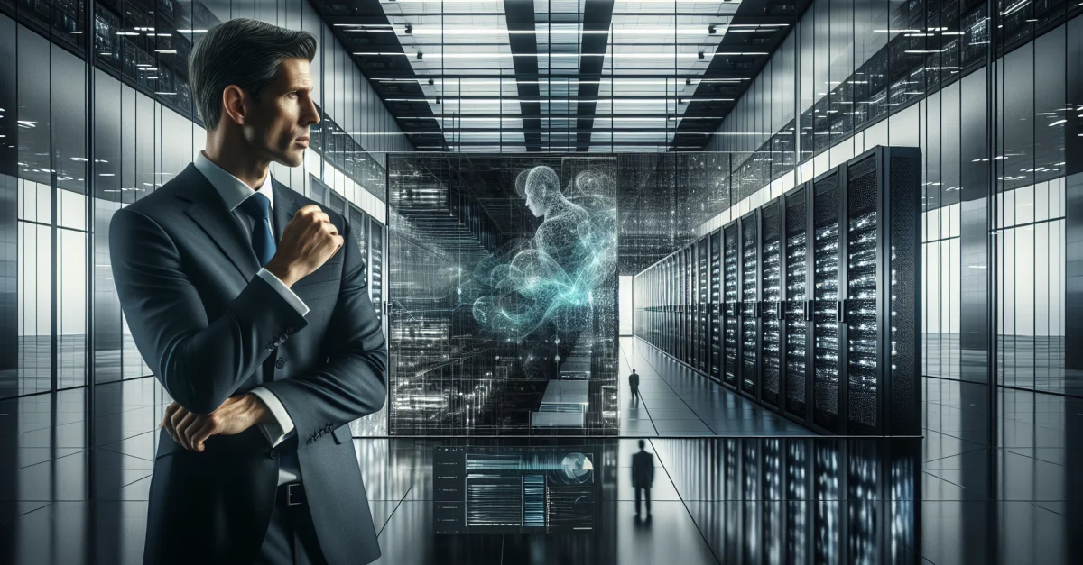 Sam Altman, CEO von OpenAI, steht vor einem modernen KI-Rechenzentrum und verteidigt den Wasserverbrauch von KI-Technologien.