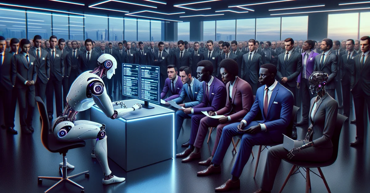 A humanoid robot stands at a desk reviewing applications, surrounded by anxious job seekers. The scene illustrates AI's control over employment and the future of work.