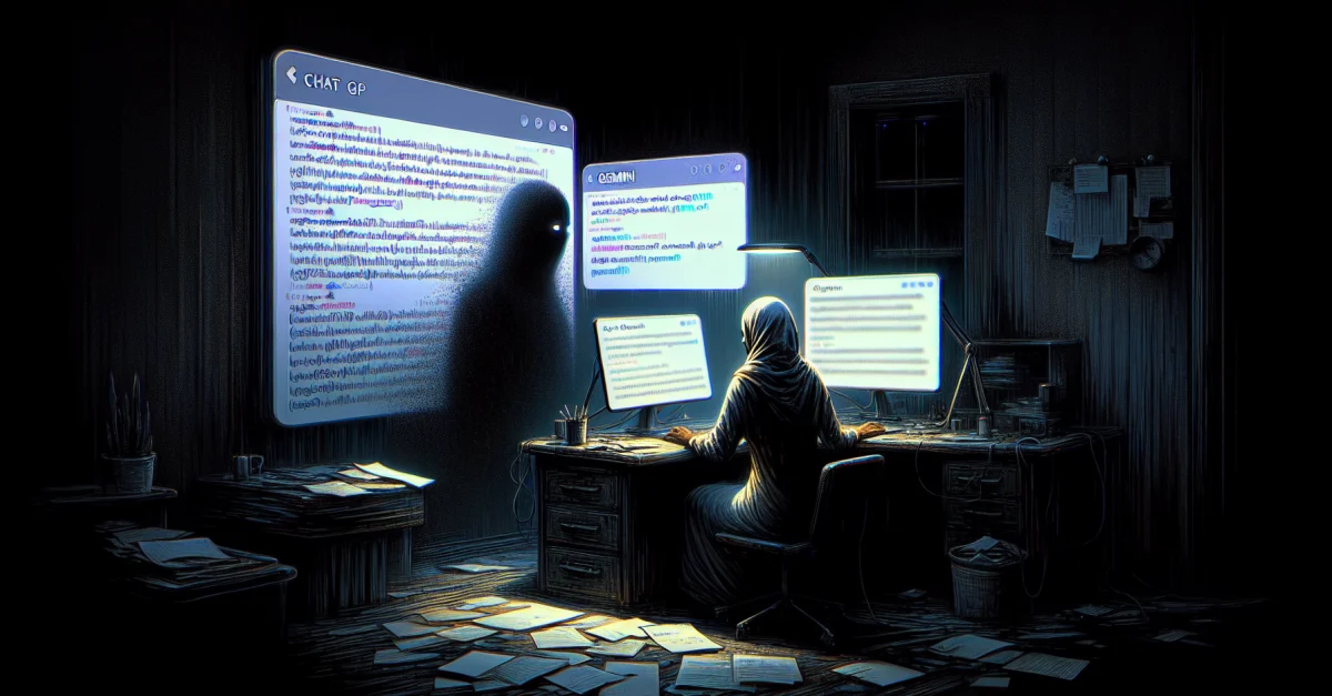 A person sits at a desk, illuminated by a computer screen showing ChatGPT and Gemini. The atmosphere reflects the uncertainty surrounding AI language models.
