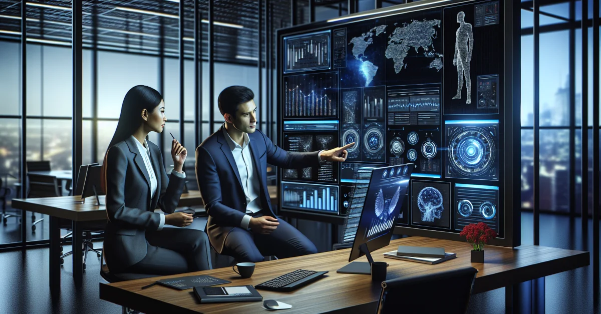 Moderne Büroumgebung, die die Integration von Künstlicher Intelligenz in Unternehmensprozesse zeigt. Mitarbeiter arbeiten an digitalen Schnittstellen mit Datenanalysen.