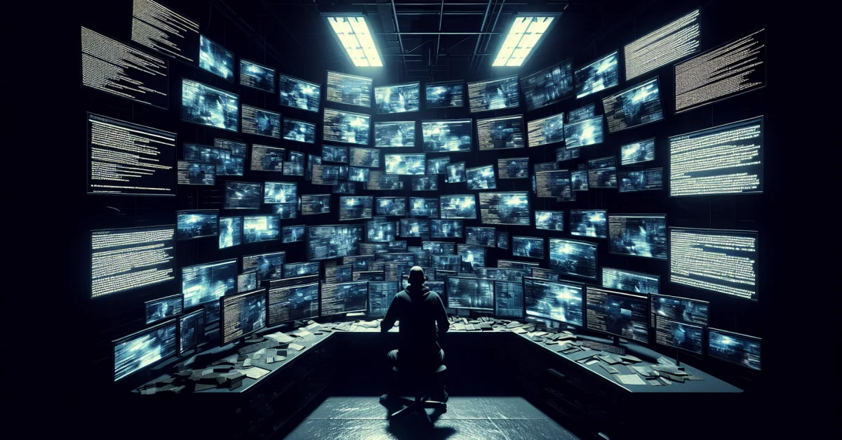 A person at a desk surrounded by screens displaying flawed AI-generated notifications. The scene highlights the dangers of Apple Intelligence and its implications.