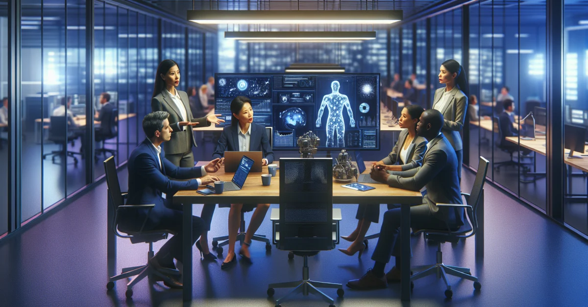 Professionals arbeiten in einem modernen Büro an KI-Strategien. Die Szene zeigt die Dringlichkeit und Innovation in der KI-Technologie.