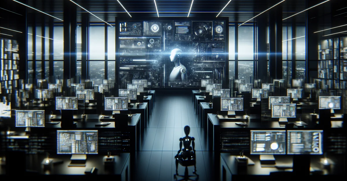 Futuristic office with AI agents working autonomously. The scene illustrates the shift towards greater trust in AI technology.