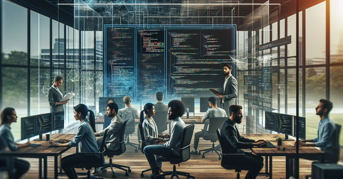Professionals collaborating with Claude Code: Developers and industry experts use the tool for project development in a modern workspace.