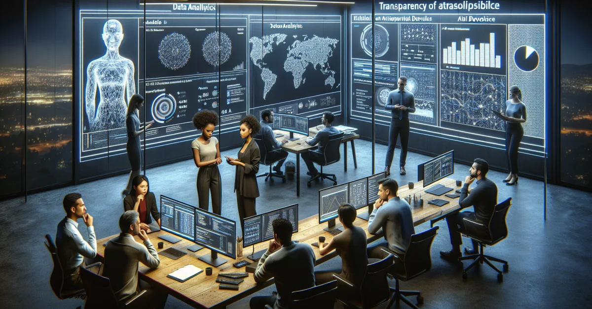 Ein modernes Arbeitsumfeld in Kalifornien, in dem ein Team von Entwicklern an einem KI-Sprachmodell arbeitet, das Transparenz in Datenquellen fördert.