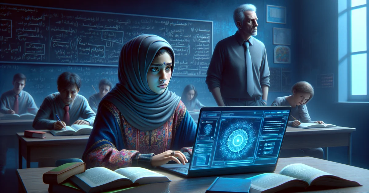 A student in a classroom reliant on AI for assignments, with a concerned teacher observing. Symbolizes the dangers of AI in education.