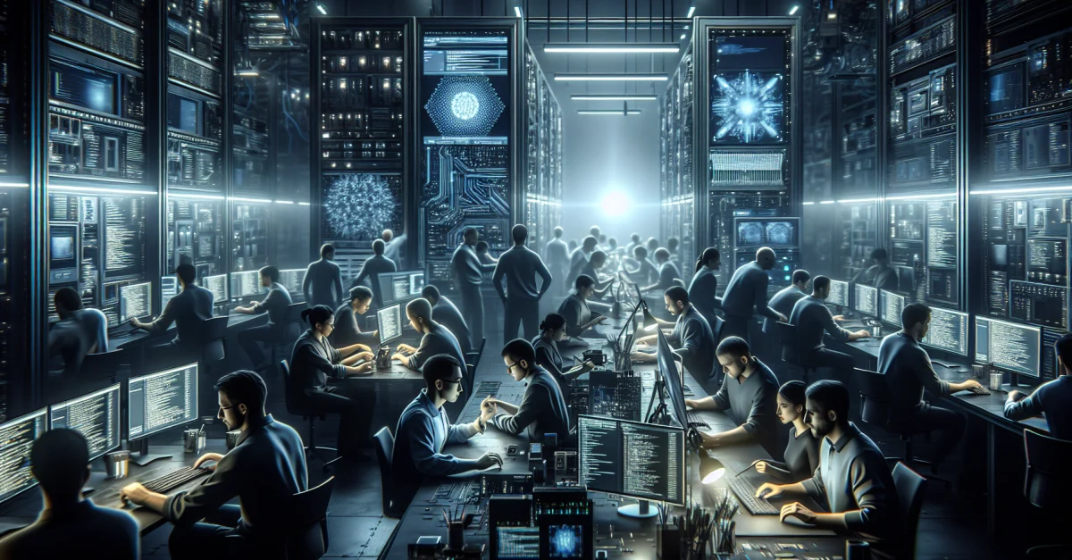 Ingenieure arbeiten in einem Tech-Labor an fortschrittlichen KI-Modellen. Die bevorstehende Veröffentlichung von Deepseek könnte den Markt erheblich beeinflussen.