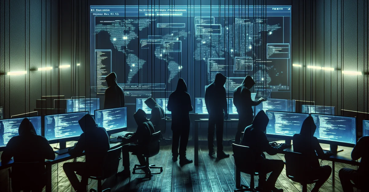 Data theft by Chinese AI labs: Shadowy figures analyze stolen AI data in a dark room, highlighting the threat to the integrity of the industry.