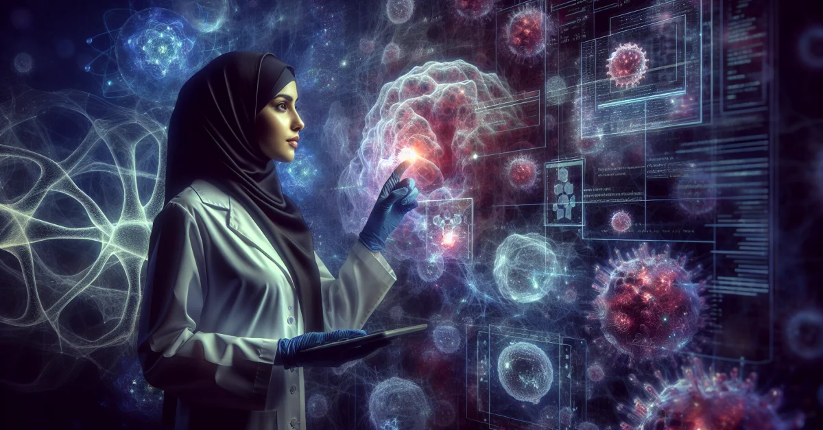 Wissenschaftler analysiert Zellen mit KI-Technologie. Bild symbolisiert den Einfluss von KI auf die Zellbiologie und die Dringlichkeit, neue Methoden zu adaptieren.