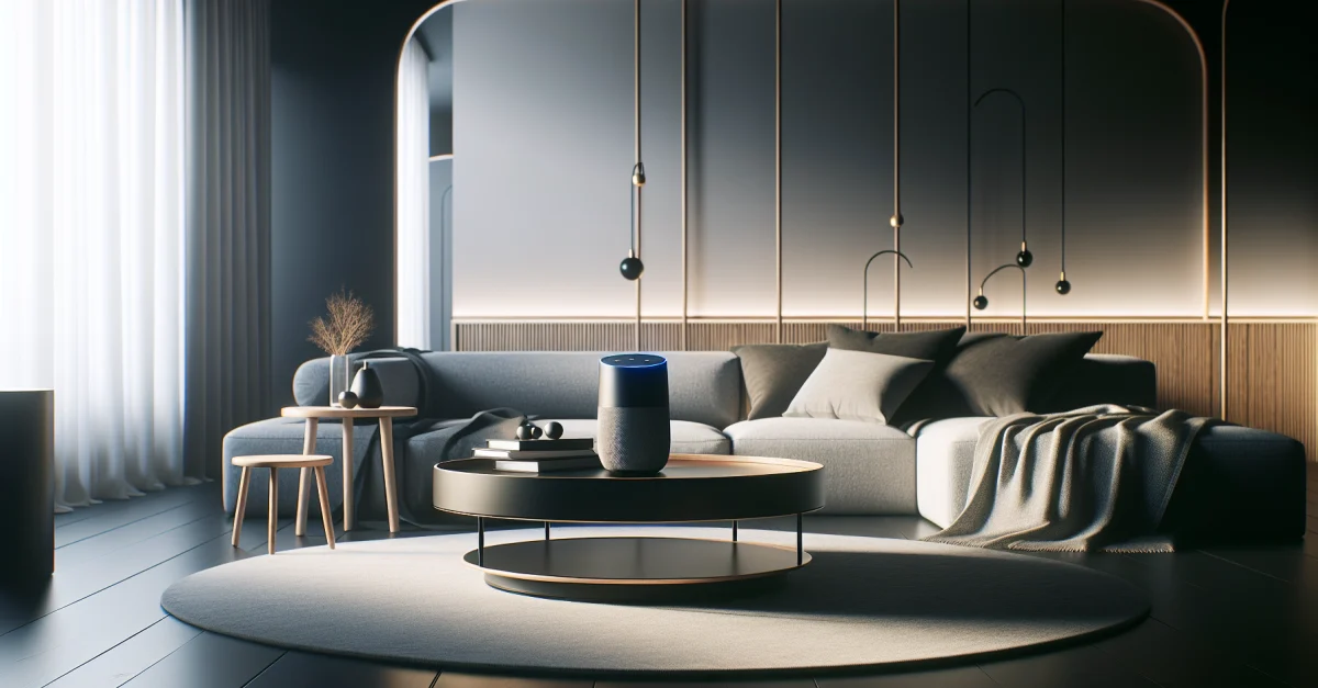Moderne Wohnzimmereinrichtung mit einem stilvollen Smart Speaker auf einem eleganten Couchtisch, der die Personalisierung von Alexa symbolisiert.
