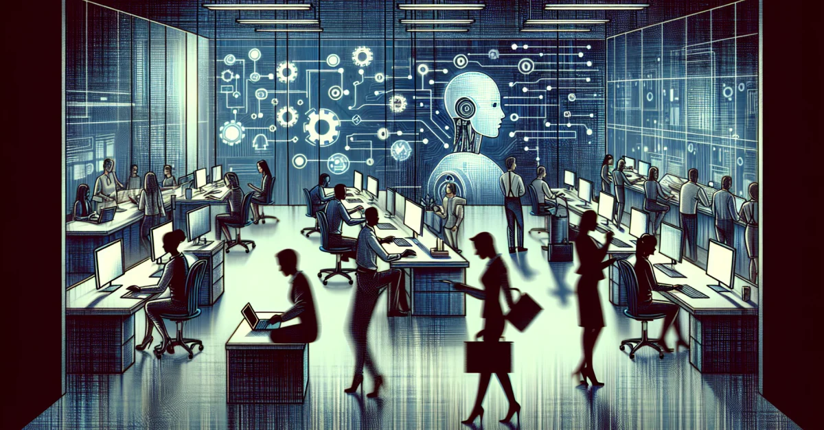 Eine Büroumgebung, in der Menschen und KI zusammenarbeiten. Menschen erledigen Aufgaben, während KI Systeme Vorschläge machen. Modernes Arbeitsumfeld.