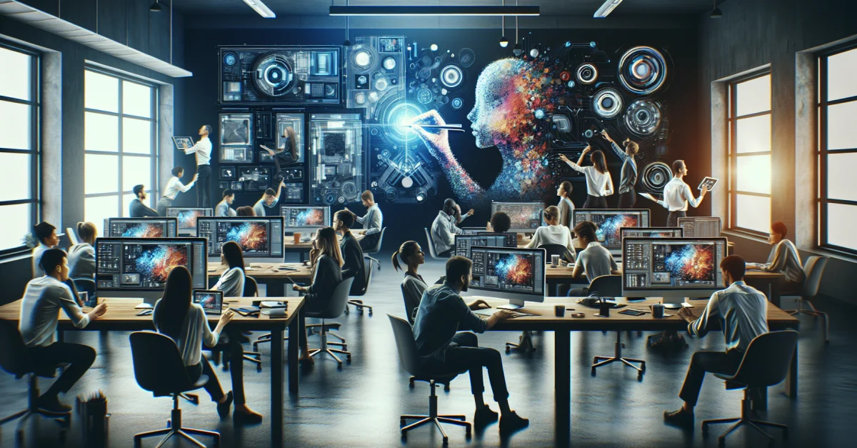 Eine vielfältige Gruppe von Kreativen nutzt Googles neue KI-Bildwerkzeuge in einem modernen Arbeitsumfeld. Das Bild zeigt digitale Kunst und Zusammenarbeit.