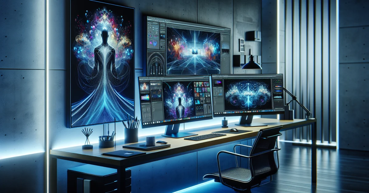 Modern workspace featuring a computer setup with stunning graphics generated by Nano Banana 2. Emphasizing creativity and innovation in image editing.