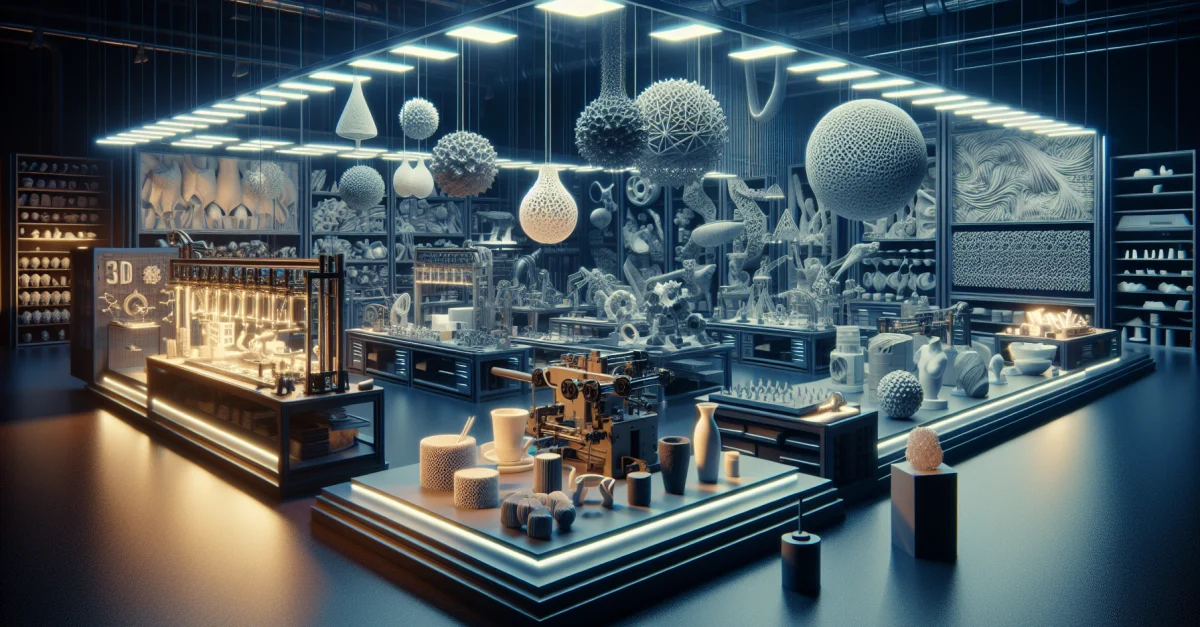 Futuristische Werkstatt, die generative KI und Physik kombiniert, mit 3D-gedruckten Accessoires und Dekorationen in einem modernen Design.