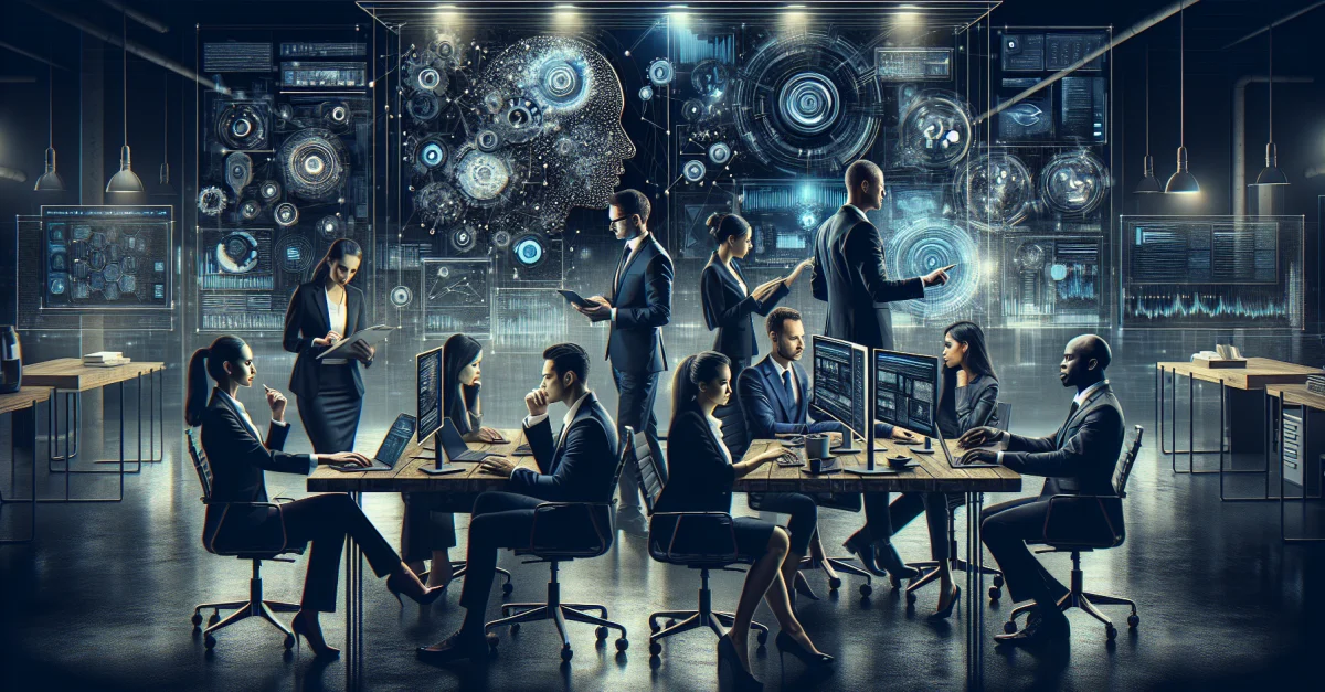 A modern office with professionals utilizing AI technology to develop innovative solutions. Symbolizes digital transformation through Perplexity.