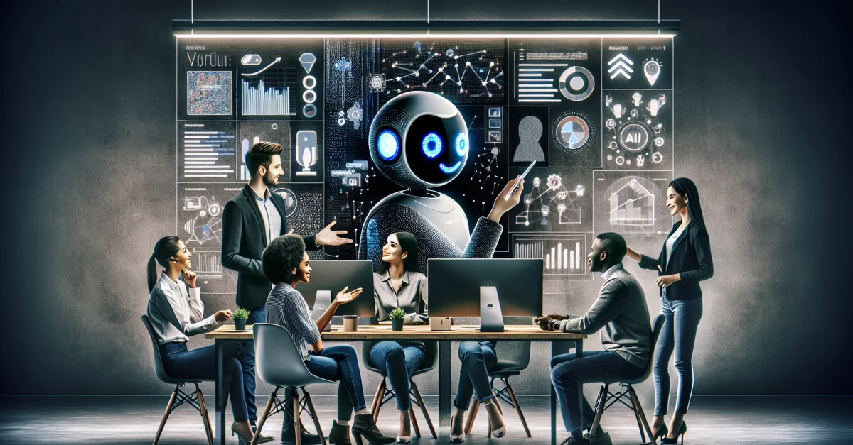 Ein modernes Büro mit einem vielfältigen Team, das mit einem digitalen Assistenten an einem großen Bildschirm zusammenarbeitet. Die Atmosphäre ist dynamisch und innovativ.