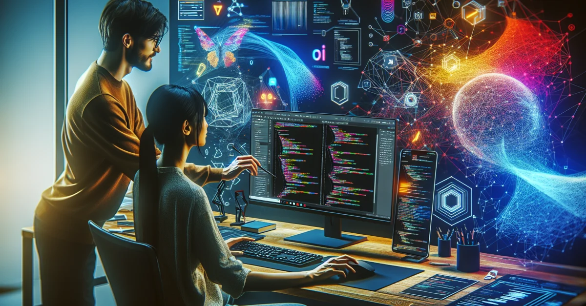 Ein Designer arbeitet mit einem Entwickler in einem modernen Büro, das die Integration von Figma und OpenAI's Codex zeigt.