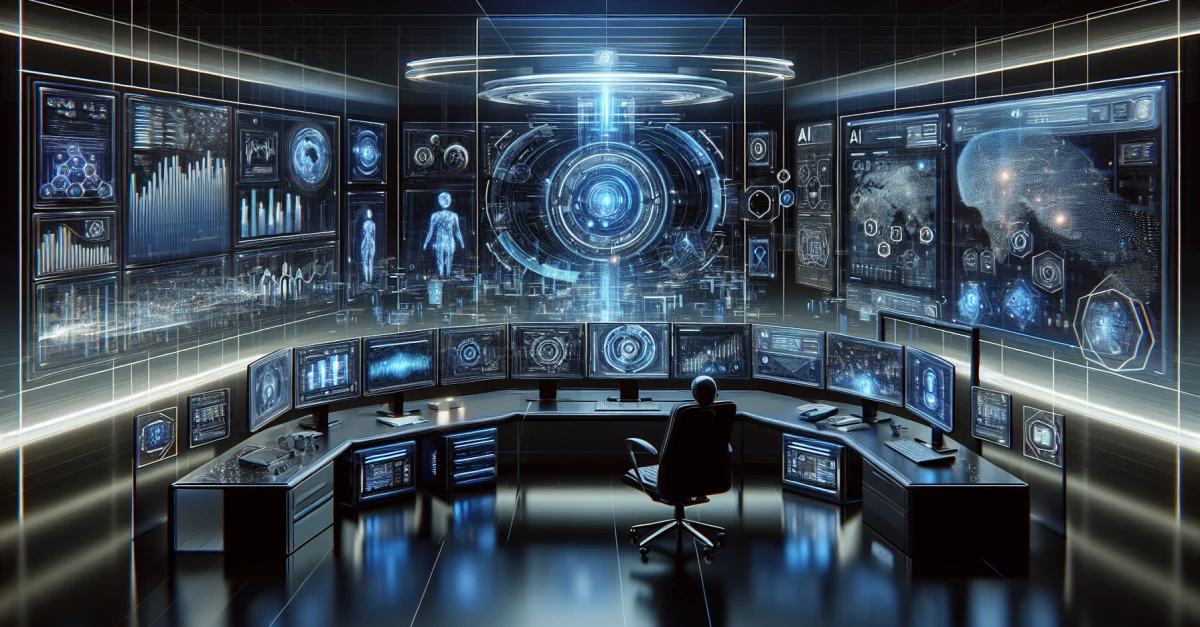 Futuristic workspace with AI agents operating in a digital environment, showcasing advanced technology and data flows.