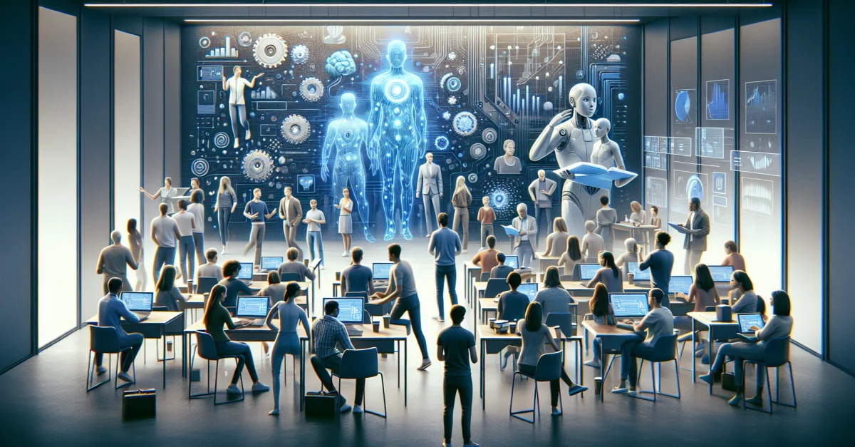 Bild zeigt eine vielfältige Gruppe von Personen, die an einem KI-Training teilnehmen, gefördert von Google und dem Massachusetts AI Hub.