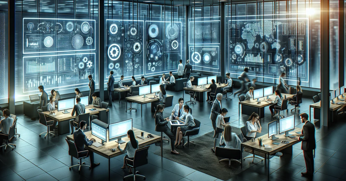 Modern office scene with professionals using digital tools for project management. Focus on efficiency and teamwork across various sectors.